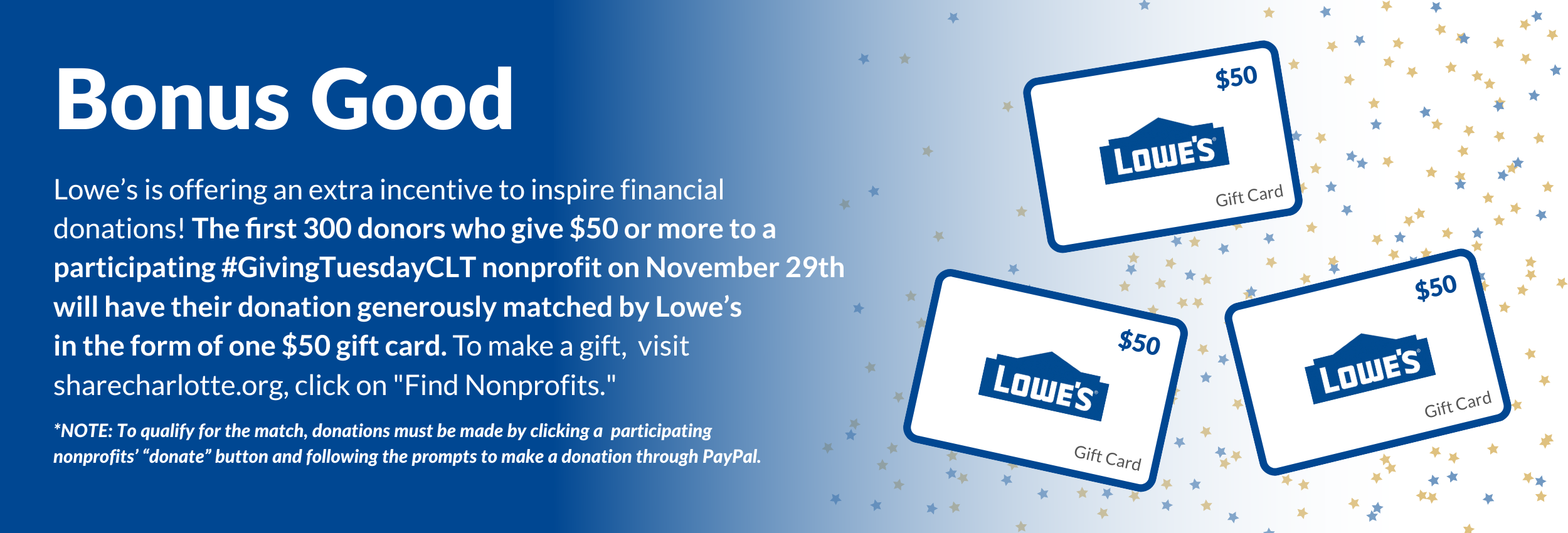 Bonus Good: the first 300 donors who give $50 or more to a participating nonprofit on Nov 29th will have their donation generously matched by Lowe's in the form of one $50 gift card.