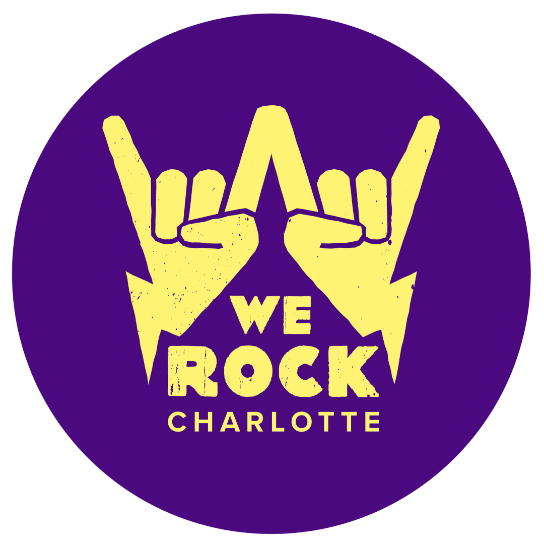 Purple circle logo with yellow rock hands, reading "We Rock Charlotte"