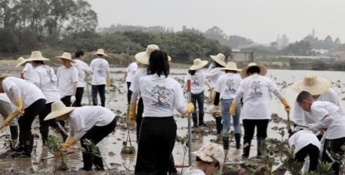 volunteers clean up muddy riverbank