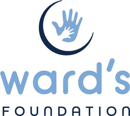 Dark blue crescent moon with h overlapping hands above the words Ward’s Foundation
