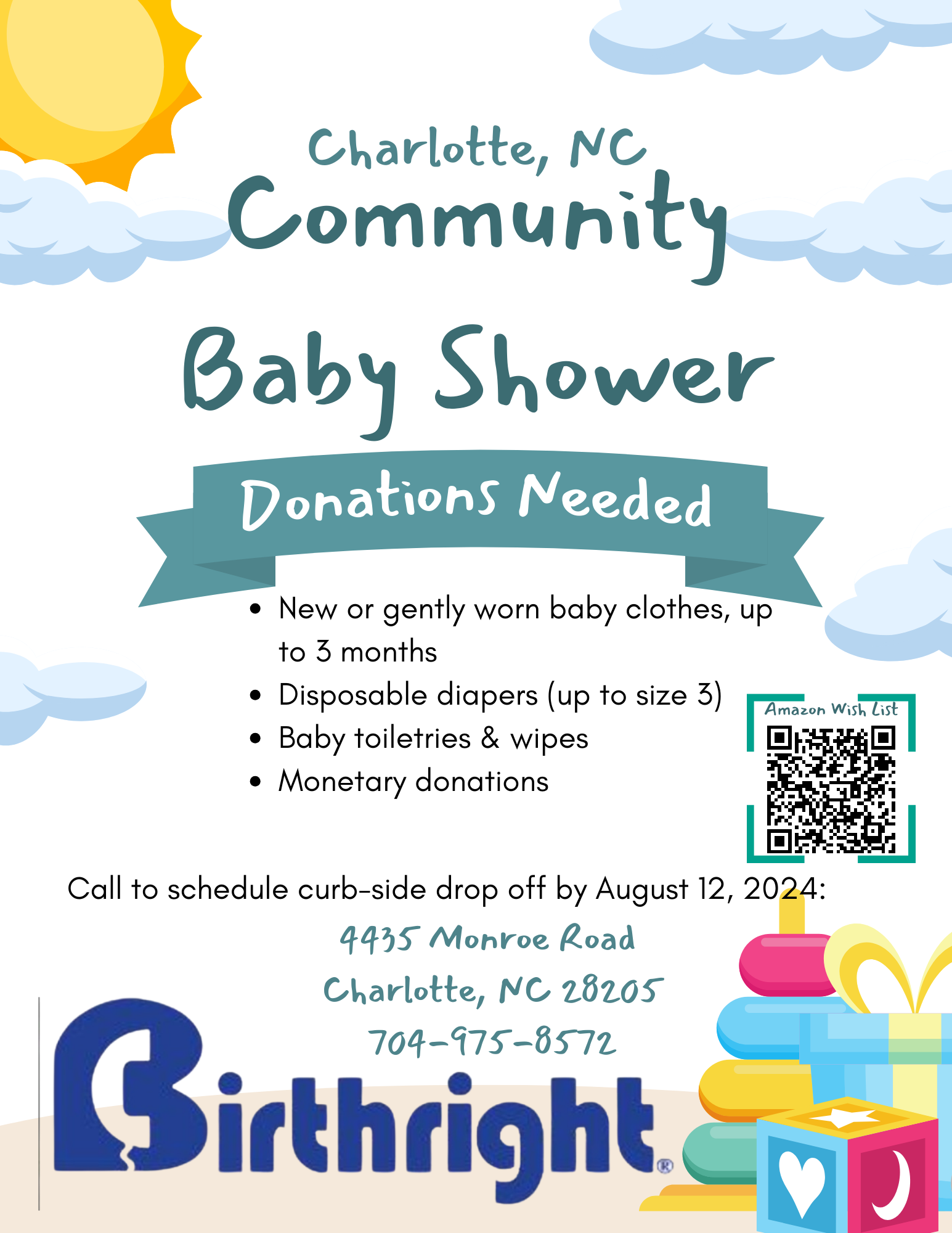 Donation Drive for Birthright of Charlotte through Aug 12, 2024