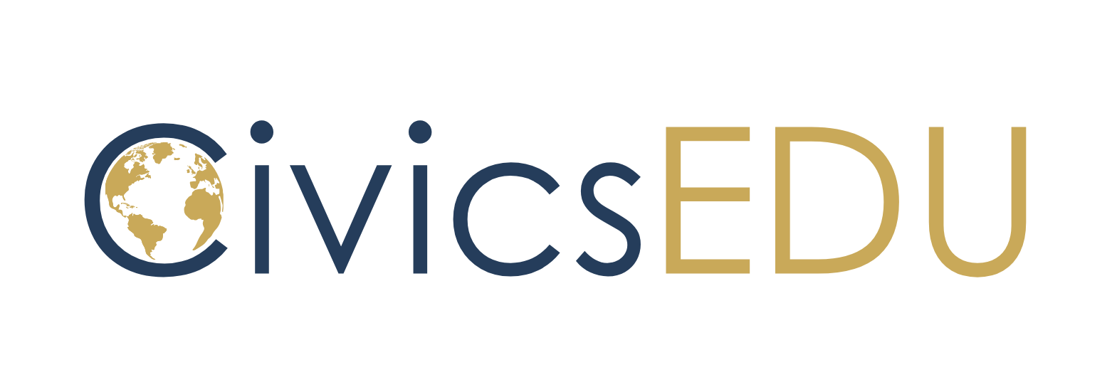 Dark blue and old gold logo for CivicsEDU featuring aa globe symbolizing global citizenship.