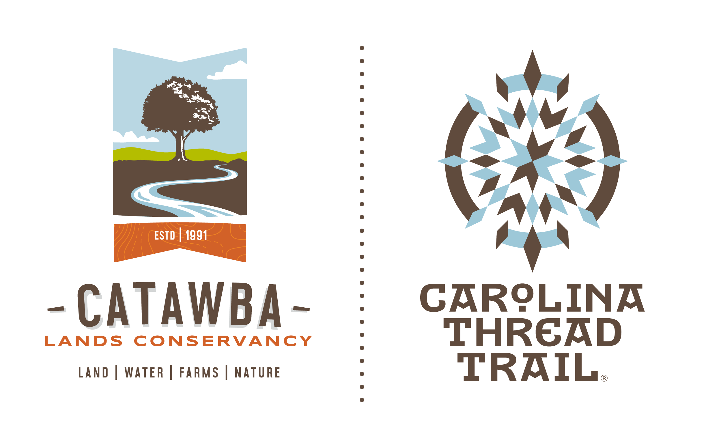 Two logos are side-by side. The left logo shows an graphic of a tree in front of green hills in the distance with a river running alongside. Text underneath says Catawba Lands Conservancy. The right logo shows a graphic of a blue and brown compass. Text underneath says Carolina Thread Trail.