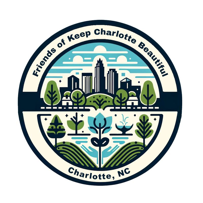 The Friends of Keep Charlotte Beautiful logo displays the City of Charlotte skyline with an arrangement of trees, flowers and green hills, depicting the close interconnected relationship between the City and environment. 