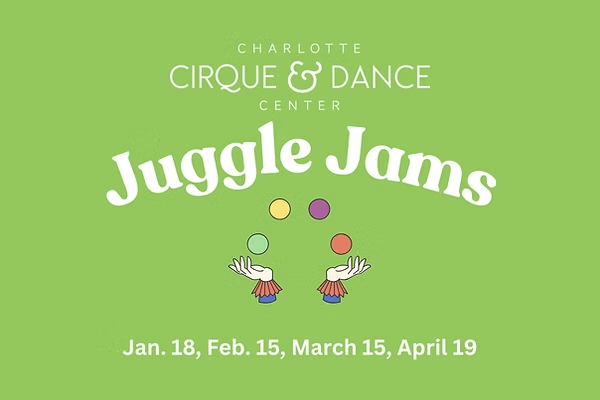 Green background shows Charlotte Cirque & Dance Juggle James with hands juggling colorful juggling balls