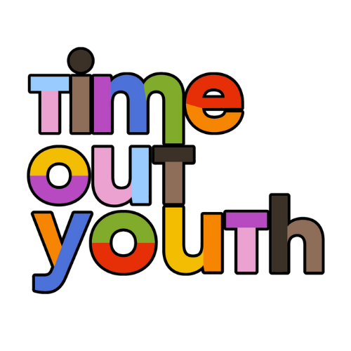 The words "Time Out Youth" in the colors of the rainbow.