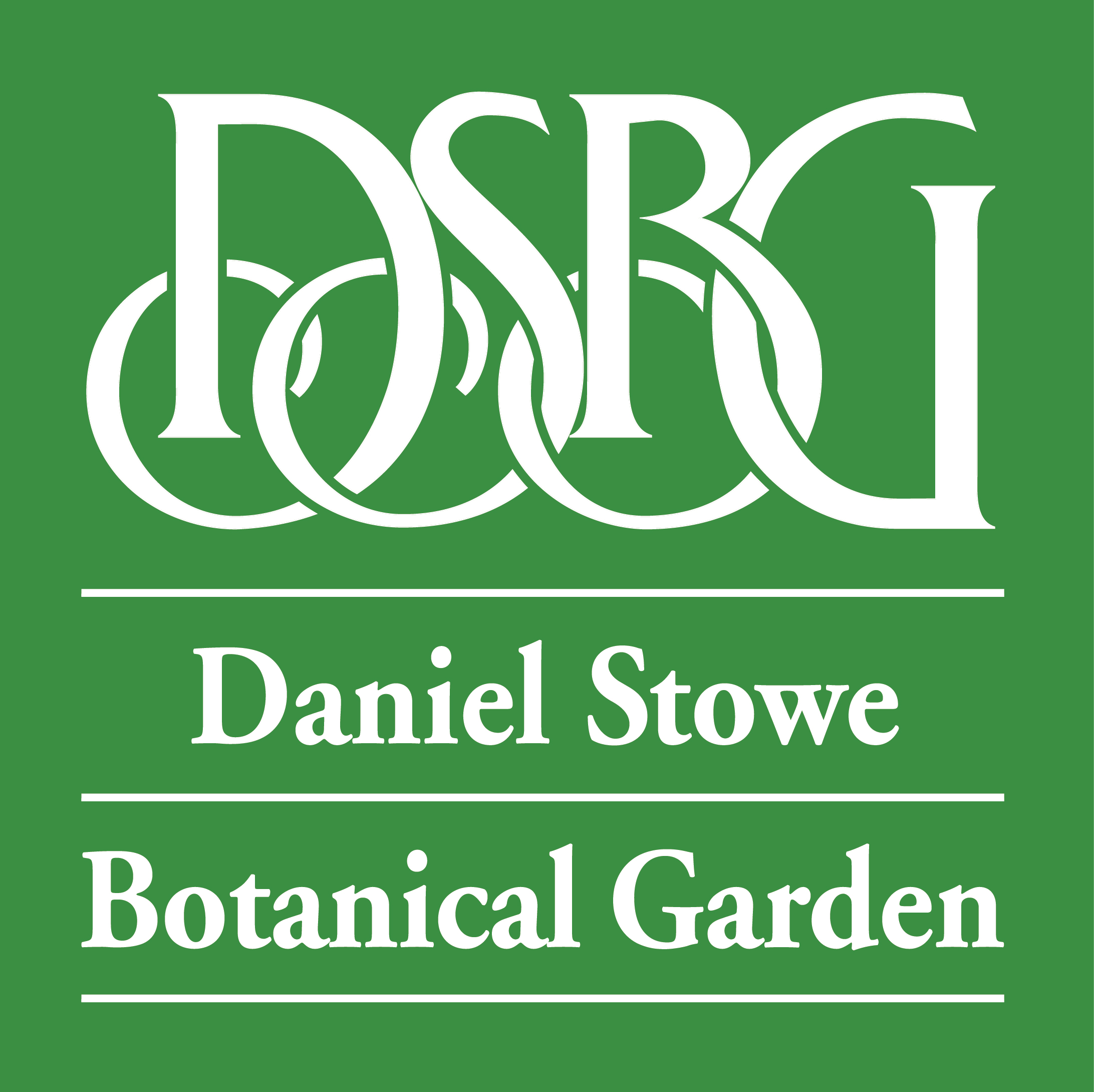 An interlocking D, S, B, & G in a script font with the text Daniel Stowe Botanical Garden in white on a green background.