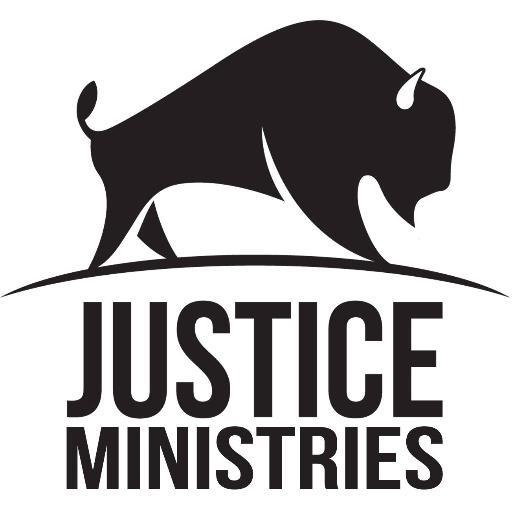 Justice Ministries logo is a buffalo standing on an arch over the words "Justice Ministries"