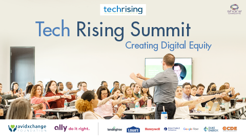 tech rising logo speaker in front of audience