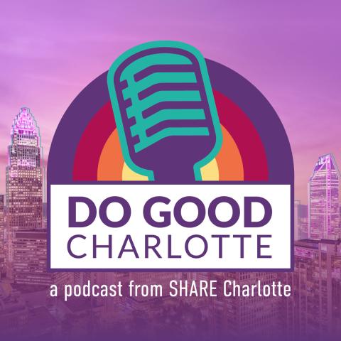 microphone with rainbow behind it along city skyline with do good charlotte podcast text