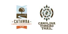 Catawba Lands Conservancy and Carolina Thread Trail logos. The words "Catawba Lands Conservancy Est. 1991" overlay a vertical flag with an image of a single tree in front of a stream and mountain. The words "Carolina Thread Trail sit below an old English quilting pattern, similar to a compass.