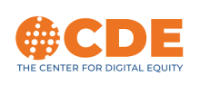 Orange letters reading CDE which stand for the Center for Digital Equity flanking an organge circle with small white circles to represent digital binary code