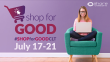 share charlotte shop for good logo with girl sitting on arm chair at her computer