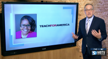 teach for america leader image on tv behind tv host jamie boll