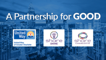 a partnership for good image showing the united wya logo the share shine logo and the share charlotte logo