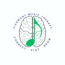 "Piedmont Music Therapy. Connect, play, grow." encircle a brain and eighth note.s