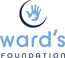 Dark blue crescent moon with h overlapping hands above the words Ward’s Foundation