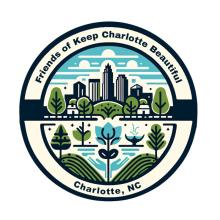 The Friends of Keep Charlotte Beautiful logo displays the City of Charlotte skyline with an arrangement of trees, flowers and green hills, depicting the close interconnected relationship between the City and environment. 