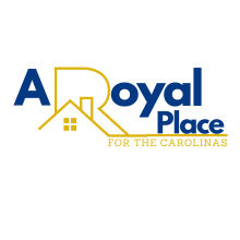 Logo for A Royal Place for the Carolinas, featuring the text 'A Royal Place' in blue with a stylized gold outline of a house integrated into the letter 'R' and the tagline 'FOR THE CAROLINAS' in gold below.