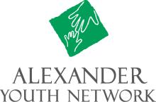 Green diamond with an outline of an adult hand and an outline of a child's hand in white reaching for each other. Alexander Youth Network is written in gray below the green diamond.