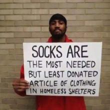 Socks are the most needed but least donated article of clothing in homeless shelters
