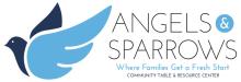 Dark blue bird with a light blue angel wing followed by the words Angels & Sparrows Community Table & Resource Center, and the tagline Where Families Get A Fresh Start