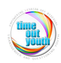 Time Out Youth written in blue with rainbow background
